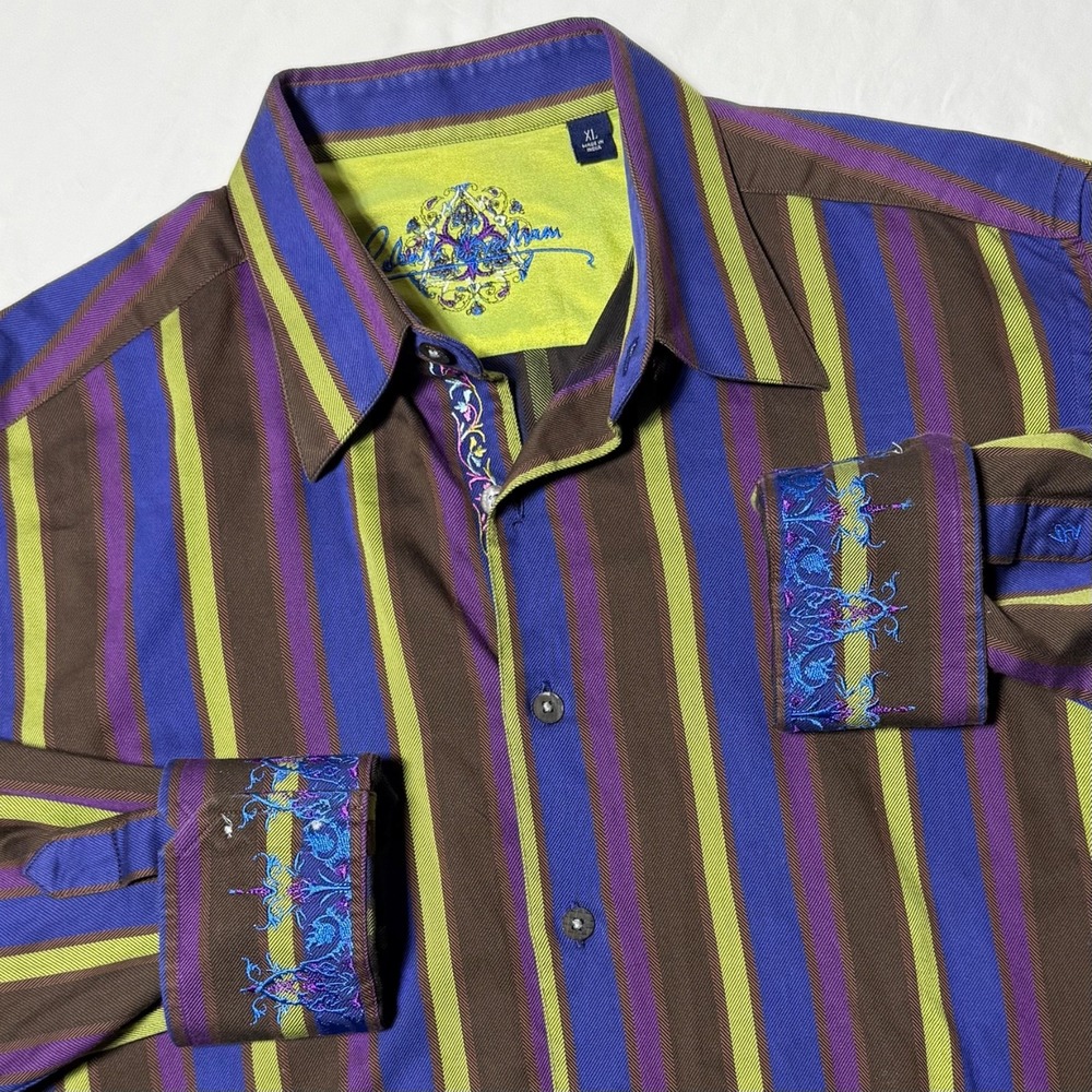Robert‎ Graham Flip Cuff Shirt Purple Striped Cotton Silk  Mens Size XL